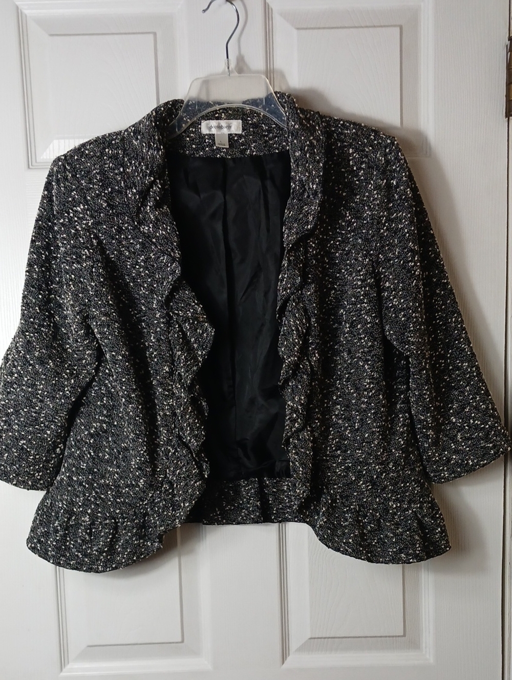 Black White Faux Tweed Open Front Blazer Jacket Ruffle Hem Textured Chic Size L